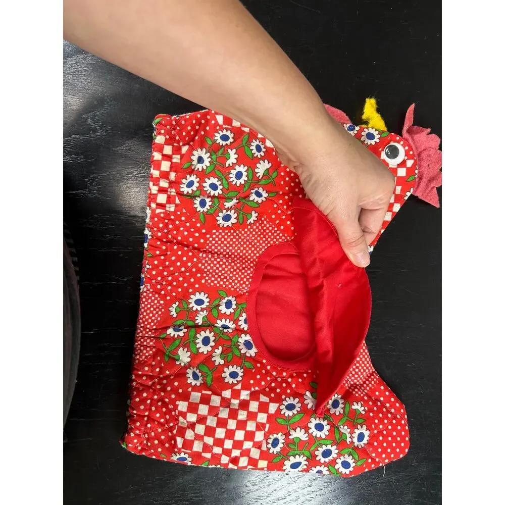 Cottage Quilted Red Chicken Rooster Kettle Cover Some Wear overall 12x8